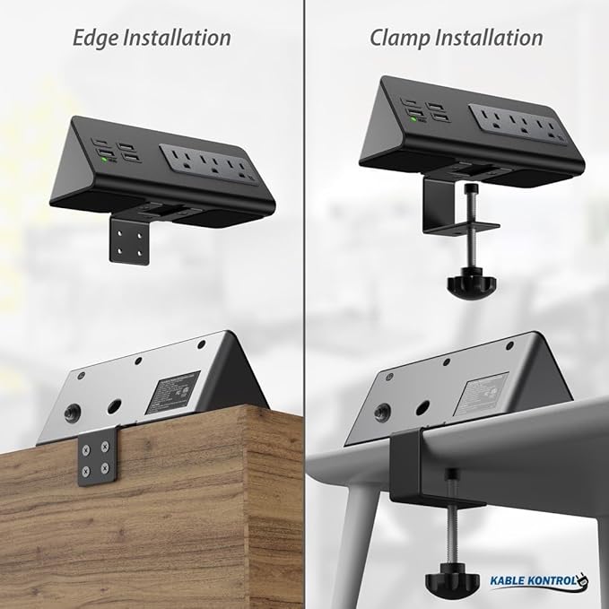 Kable Kontrol Desk Clamp Power Strip with USB-C Port, Nightstand Charging Station, 3 AC Outlets, 3 USB-A Ports, Fast Charger, Easy Installation for Home, Offices, Hotels – 4.9 Ft, Black, 1 Pc