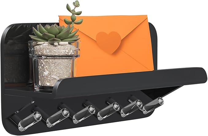 Beego Entryway Key Holder for Wall - Black Acrylic Key Rack with Shelf Decorative Key Hanger Wall Mount Mail Organizer with 6 Key Hooks for Office Hallway Kitchen Living Room Home Décor