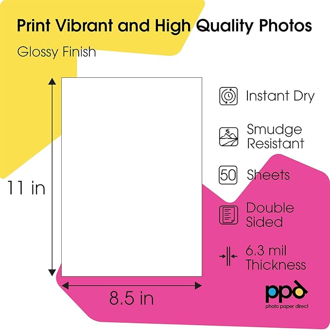 PPD Double Sided Photo Paper, Glossy Brochure Paper 8.5 x 11 for Inkjet Printer, 140 gsm, 6.2 mil Thick for Magazine, Flyer, Presentation, Program, Instant Dry & Water Resistant (50 Sheets)