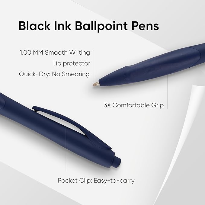 BallPoint Pens, 30 Pack (BLACK Ink),Bulk Pens, Navy Blue Barrel,Click Pens for Office Home and School, Retractable Ballpoint Pens, Medium Point, 1.00MM (Navy Blue)