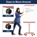 TSJ OFFICE Rolling Whiteboard Standing - 40 x 26 Inches Magnetic Mobile White Board with Stand, Height Adjustable Dry Erase Board on Wheels with Paper Clamp on Top, Pink