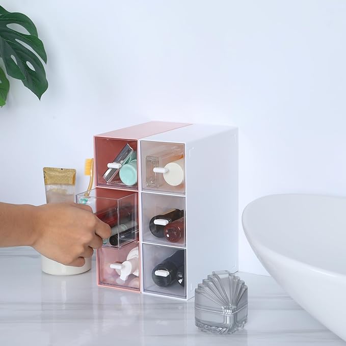 OSteed Desktop Drawers, Desk Organizer with 6 Drawers, Stackable Plastic Storage Box for Home Collection, Cosmetics, Jewelry, Office Supplies (2 Tall Layers, Pink)