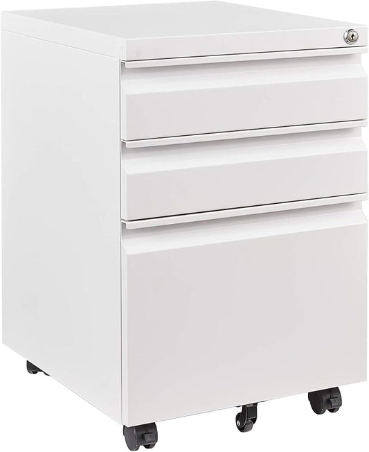 3 Drawer Mobile File Cabinet with Lock,Under Desk Filing Cabinet for Home Office, Metal Filing Cabinets on Wheels for Legal/Letter/A4 File, Fully Assembled Except Wheels, White
