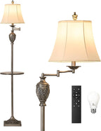 Traditional LED Floor Lamp with 350° Adjustable Swing Arm Lamp – Vintage Standing Pole lamp for Living Room, Bedroom and Office – Rustic Upright Floor Light for Home Décor with Silk Fabric Shade
