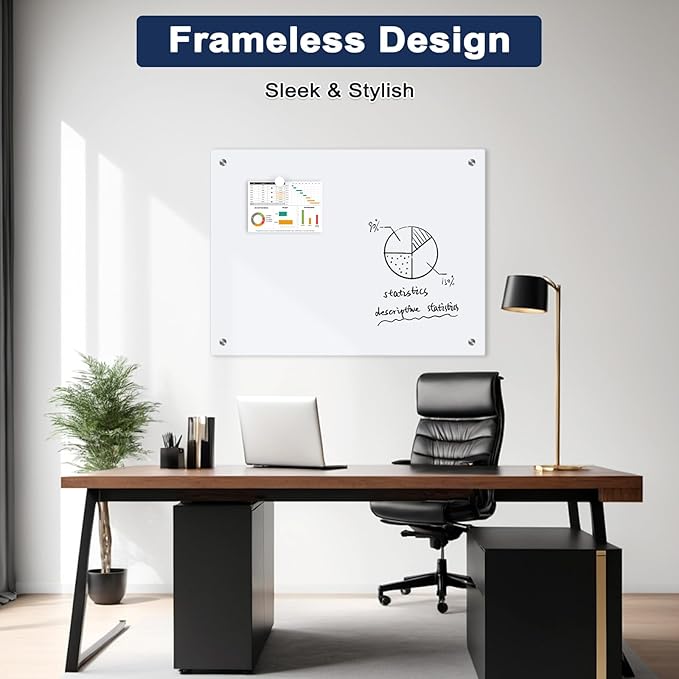 Magnetic Glass Whiteboard, 36" x 24" Glass Dry Erase Board for Wall, Large Frameless White Board with 1 Marker Tray and 3 Magnets for Office, Home, Classroom - Ultra White