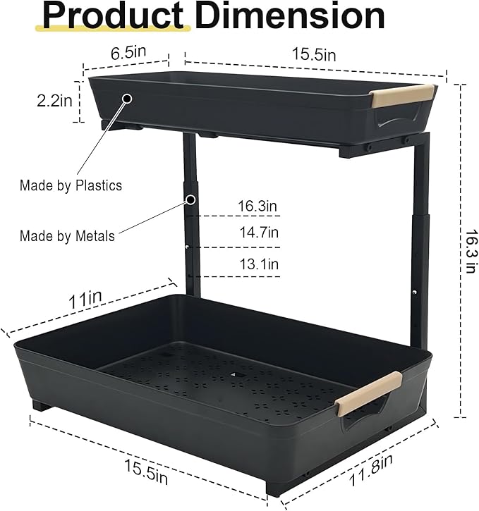 AMEDELE Under Sink Organizer,2 Tier Pull Out Adjustable Height Under Cabinet Storage,Under Sink Storage for Kitchen Bathroom Cabinet(1 Pack)