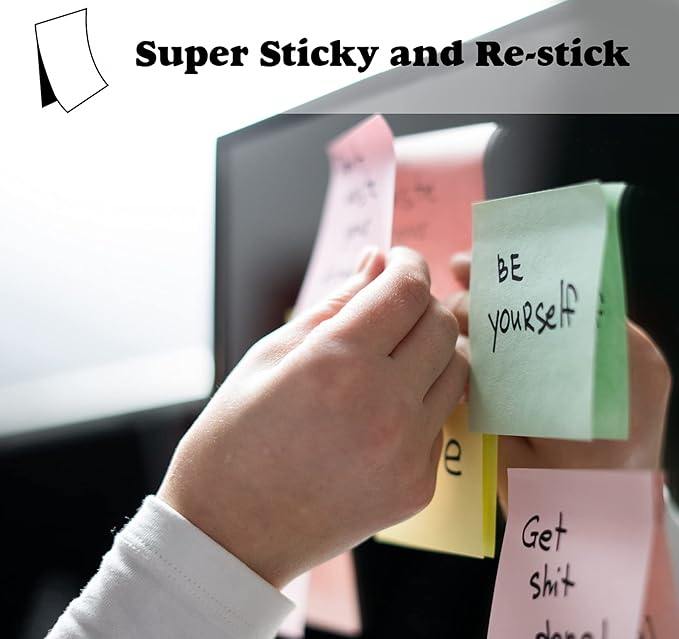 24 Pack Sticky Notes - 3 x 3 Inch Large Memo Pads with 2X Sticking Power,12 Bright Colors Sticky Pads,100 Sheets/Pad - 2400 PCS Super Sticky & Repositionable for Office,Notebook,School,and Daily Use