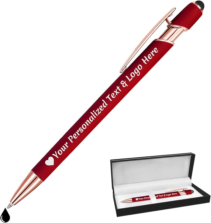 STREADVE Personalized Custom Pens Engraved Writing Pen with Name Logo, Customized Promotional Items Stylus Pen Gifts for Communion Wedding Men Women Realtor Business, Deep Red