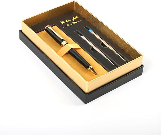Stunning Ballpoint Pen with 24K Gold Trim, Switzerland Tip Point with Refills, Luxury Ball Point Pen Gift Set for Men Women, Nice Writing Pens for Drawing Chirtmas Black