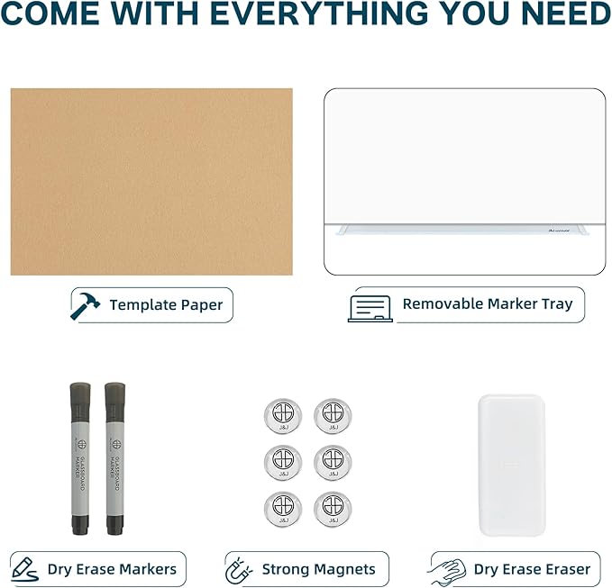 J&J worldwide Glass Whiteboard, Magnetic Brilliance White Glass Dry Erase Board 6' x 4', Includes Markers, Marker Tray, Eraser for Wall, Office, Home, School