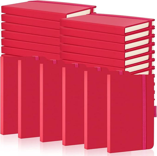 40 Pieces Small Notebooks A6 Pocket Journals 3.5 x 5.5 Inch Small Leather Notebook Mini Ruled Lined Journal with Elastic Band Pen Holder Page Marker Ribbons (Rose Red)