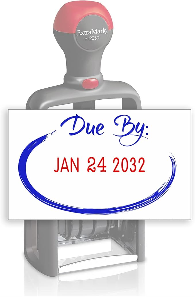 Heavy Duty Style Office Date Stamp with Due by: - Self Inking Dater - Style C - Blue & Red Ink Color