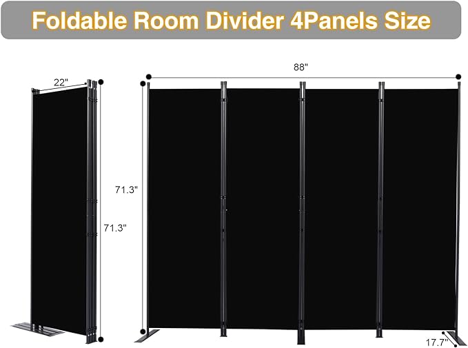 CHOSENM Room Divider, 4 Panel Folding Privacy Screens with Wider Feet, 6 Ft Portable Room Partition for Room Separator, Room Divider Panel 88" W X 71" H, Partition Room Dividers Freestanding，Black