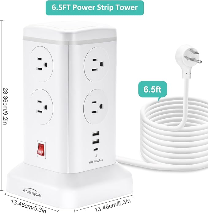6.5Ft Surge Protector Power Strip Tower - 8 AC Outlets & 6 USB Ports Multi-Device Charging Station with Overload Protection, for Home/Office/Dorm