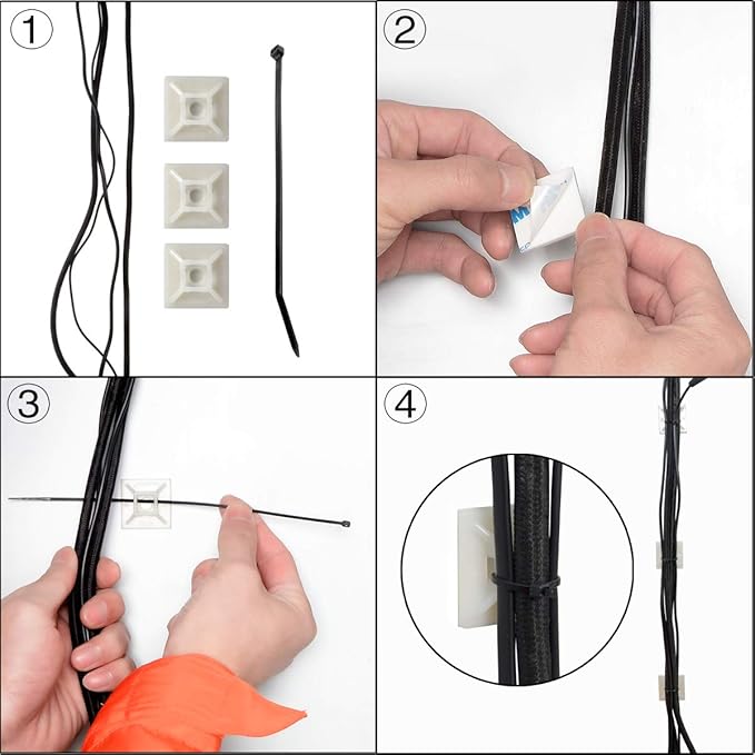 XHF 100 PCS 3/4" Black Self Adhesive Cable Zip Tie Mounts Wire Cable Clips Holders Management Anchors Organizer Holders Squares(HS-101S)