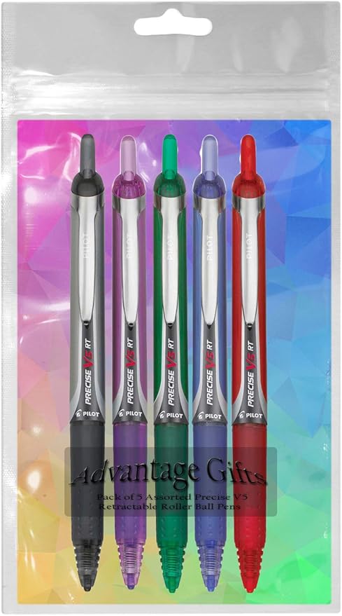 Precise V5 RT Retractable Rolling Ball Pens, Extra Fine Point (.5mm), Assorted Colors Black/Blue/Red/Green/Purple Ink, 5-pk; Premium Comfort Grip, Bundle with Plastic Reusable Pouch