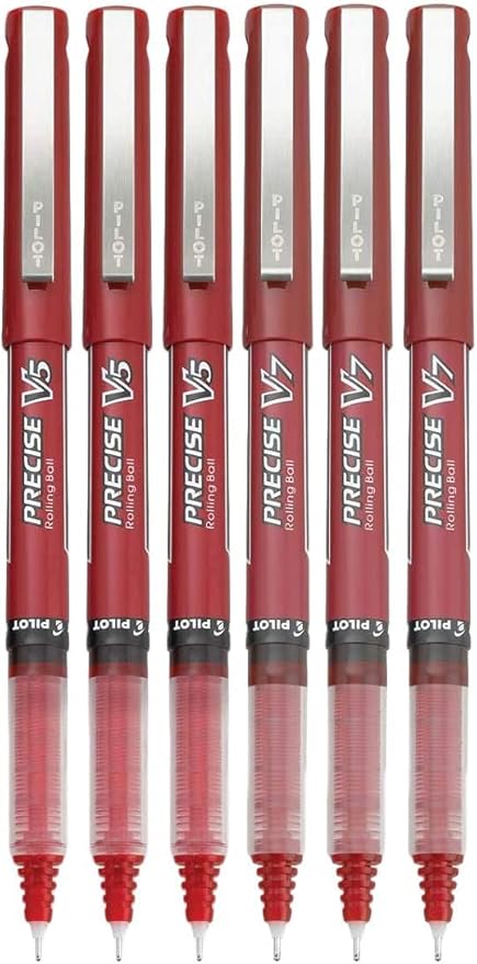 Precise V5/V7 Stick Rolling Ball Pens, Fine and Extra Fine Point, Assorted Points Red Ink, 6-pk; Bundle with Plastic Reusable Pouch