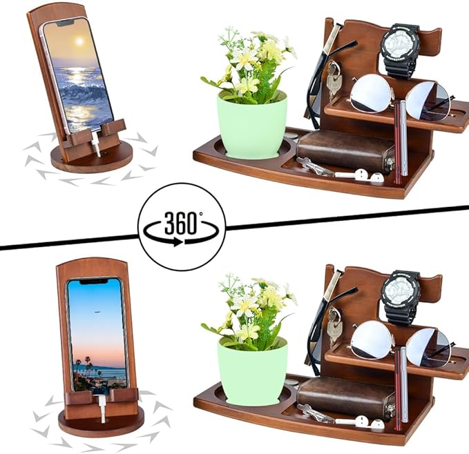 Gifts for Men, Fathers Day Wood Phone Docking Station for Dad, Desk or Nightstand Organizer, Mens Gifts for Husband, Birthday Gifts for Men,Gifts for Fathers Day, Key Holder Wallet, Watch & Essentials