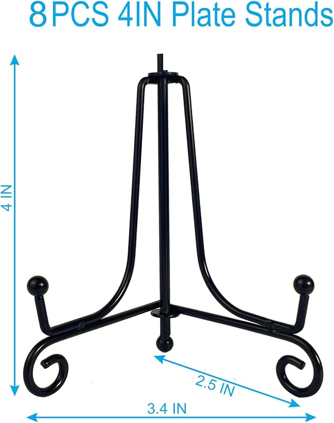 HENABLE 8PCS Premium Black Iron Plate Stands for Display 4 Inch, Decorative Solid Metal Plate Holders for Displaying, Mini Easel, Frame, Book, Card, Plaque, Bowl, Picture Stands for Display