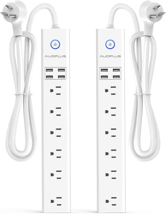 2 Pack Power Strip Surge Protector Flat Plug - 6 Widely Spaced Outlets 4 USB Charging Ports, 2100J/10A with 6Ft Long Extension Cord, Overload Surge Protection, Wall Mount for Home Office