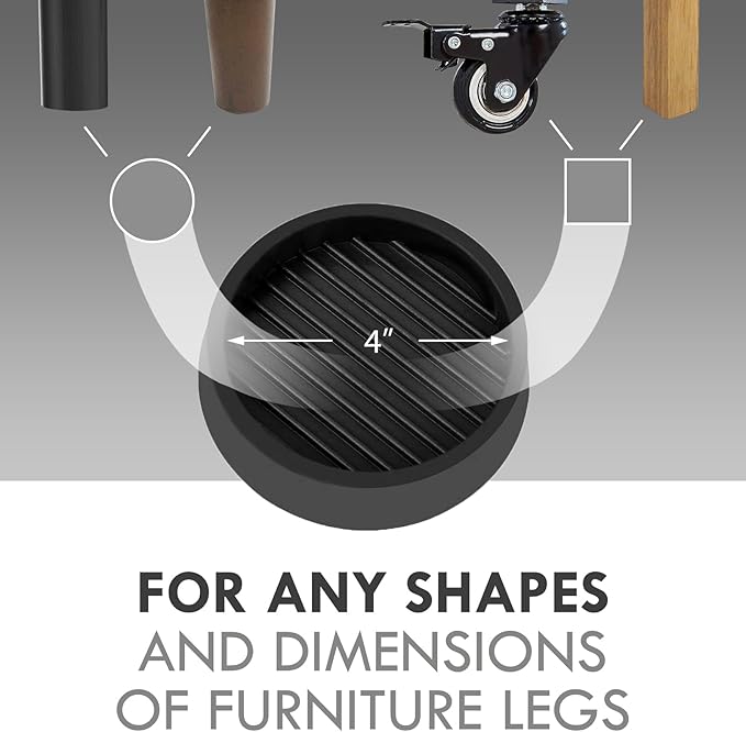 VOCOMO 4X4 Round Rubber Caster Cups, Non Slip Furniture Pads, Anti-Slip Gripper, Anti Skid Furniture Feet, Anti Slide Floor Protector for Bed Couch Table Chair Stoppers (Black, 4 Pack)