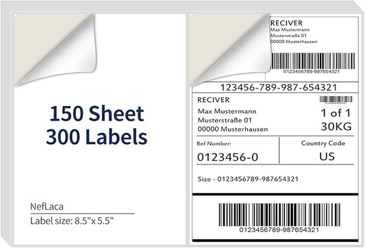 8.5 x 5.5 Half Sheet Shipping Labels for Laser and Inkjet Printers, 2 Per Page Self Adhesive Mailing Labels, White Blank Labels [150 Sheet 300 Labels]