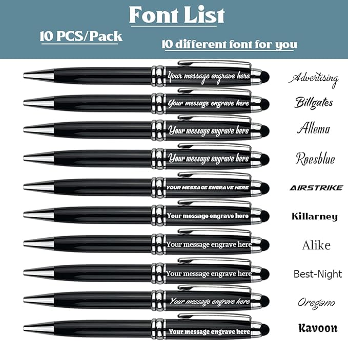 Ancolo Personalized Ballpoint Pens with Stylus - Engraved with Your Message Name/Phone Number Metal Body Black ink Gift for Bank, Office, Hotel Lobbies, Groomsmen Gift 10 Pens/Box