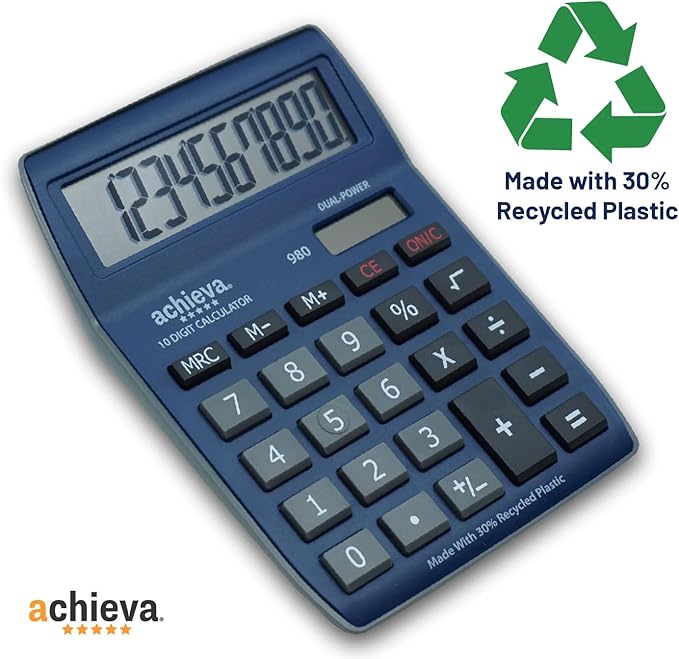 Achieva 10-Digit LCD Display Desktop Calculator | Blue, Gray | Dual Solar & Battery Power | Made with 30% Recycled Plastic | for Home, Office, School (980)