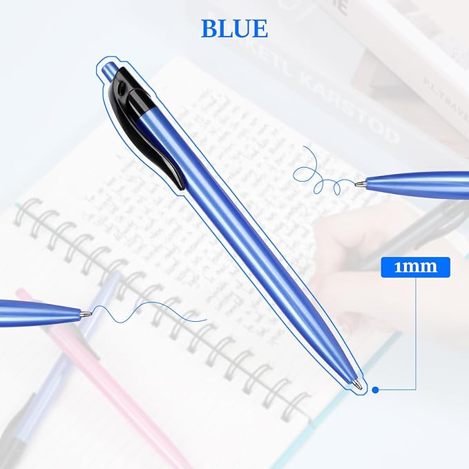 Retractable Blue Ballpoint Pen for Smooth Writing 1.0mm Medium Pack of 100, Click pens with Comfort grip, Idea for Journaling, Planner, Note Taking Office School Supplies