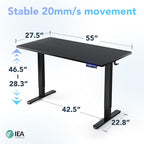 HUANUO AI-Powered Electric Standing Desk with Smart APP, Compatible with Alexa & Google, Adjustable Height, 6 Memory Settings, Sedentary Reminder, Ergonomic Sit-Stand Desk, 55-inch, Black