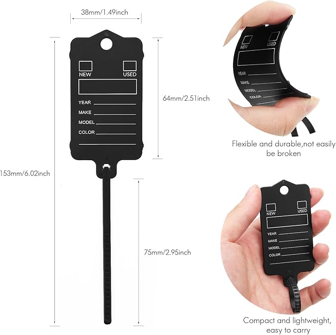 100 Car Key Tags with Labels Plastic Car Dealership Key Tags Self Locking Automotive Identifiers Blank Shop Labels with One Pen (Black)