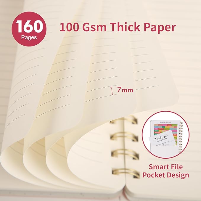 Oneirom Spiral Notebook, Pink Notebook-6.1x8.2 Inch College Ruled Journal with Inner Pockets and 160 Pages, PU Leather Cover Business Journal, Twin-Wire Binding Notebook Perfect for Office & Home