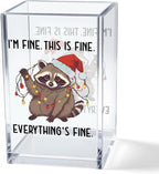 Vgrti I'm Fine This Is Fine Acrylic Cosmetic Pencil Pen Holder Cup, Funny Raccoon Christmas Pen Holder Cup, Raccoon Lover Gifts for Women Men, Office Sarcastic Gifts for Women Men Colleague Boss