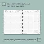 POPRUN Planner 2025-2026 (Medium - 6.5'' x 8.5'') Academic Weekly Calendar (July 2025 - June 2026) with Hourly Time Slots, Monthly Tabs, 100GSM Thick Papers, Spiral Leather Cover - Purple