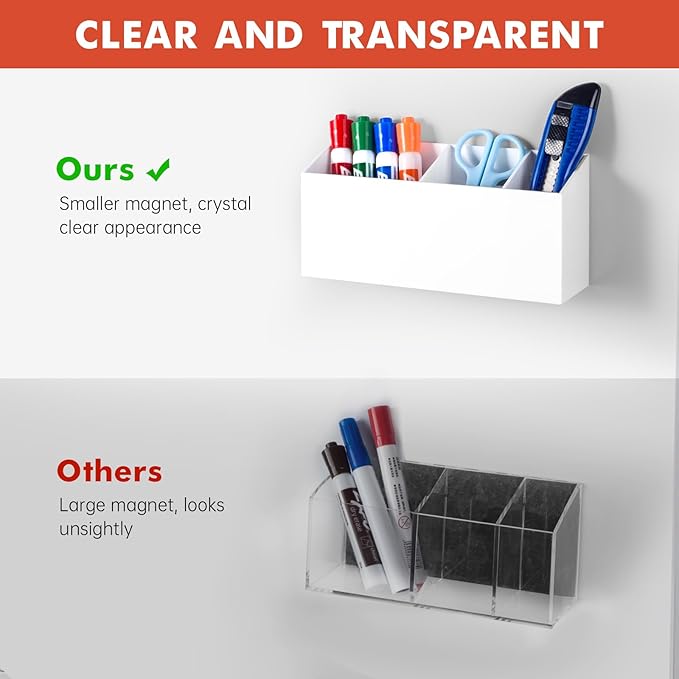 Banafich Magnetic Dry Erase Marker Holder, Acrylic Magnet Pen Holder for Whiteboard, Refrigerator, Magnetic Fridge Organizer for Office, Classroom, Whiteboard Maker Storage, Locker Organizer(White)
