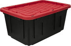4-Pack Heavy Duty 27 Gallon Plastic Storage Bins with Lids - Stackable Large Storage Totes for Garage, Home Organization & Moving Supplies (Black Bases & Red Lids)