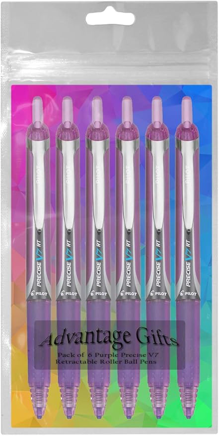 Precise V7 RT Retractable Rolling Ball Pens, Fine Point (.7mm), Purple Ink, 6-pk; Premium Comfort Grip, Bundle with Plastic Reusable Pouch