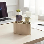 KINGFOM PU Leather Desk Organizer Pen Holder – Dual-Compartment Stylish Pencil Cup Remote Control Holder Desktop Supplies and Accessories Organizer Caddy for Office Home School (Mocha Beige)