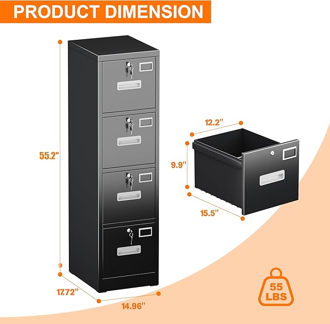 4 Drawer Metal Vertical File Cabinet with 4 Independent Locks, Home Office File Cabinet with Card Holder for Letter/Legal/A4 Folders, Black Filing Cabinet, Assembly Required, 4 Drawers