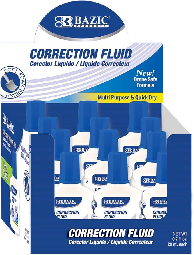 BAZIC Products Correction Fluid (0.7oz/20 ml), Foam Brush Applicator, Corrections Pen, Squeeze White Out Wipe Out Liquid, 12-Pack