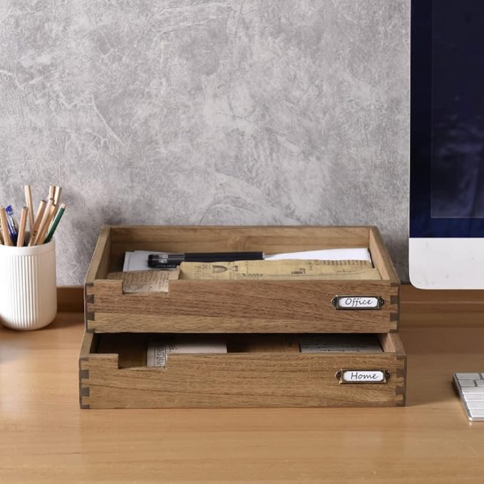 KIRIGEN Wooden Stackable Office Letter Organizer Desk Tray Pack of 2 - Wood Two Tier Tray for Desktop Organizeration with Metal Label Card Holder - Inbox Tray for Desk,Dark Brown 2TTP-DBR
