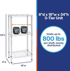 Shelving Inc. 8" d x 18" w Chrome Wire Shelving with 3 Tier Shelves, Weight Capacity 800lbs Per Shelf