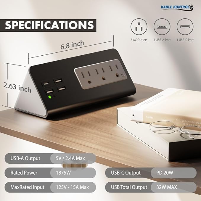 Kable Kontrol Desk Clamp Power Strip with USB-C Port, Nightstand Charging Station, 3 AC Outlets, 3 USB-A Ports, Fast Charger, Easy Installation for Home, Offices, Hotels – 4.9 Ft, White, 1 Pc