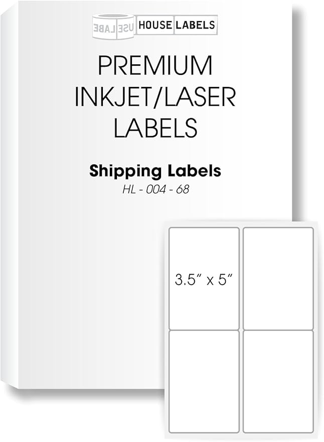 HOUSELABELS 4-up Shipping Labels (3-1/2" x 5") for Laser and Inkjet Printers, 50 Sheets
