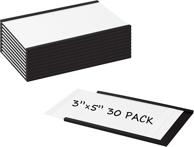 Realth C Channel Magnetic Label Holders 30 Pack 3'' x 5'' with Paper Inserts and Clear Plastic Protectors, Magnetic Data Card Holders File Cabinet Labels for Metal Racks and Shelves