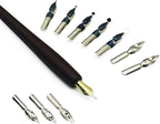 Plotube Wooden Pen Calligraphy Set - Dip Pen Gift Writing Case - Black Ink Bottle & Golden Holder & 11 Nibs and Beginner's Manual