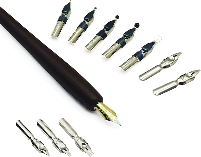 Plotube Wooden Pen Calligraphy Set - Dip Pen Gift Writing Case - Black Ink Bottle & Golden Holder & 11 Nibs and Beginner's Manual