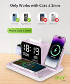 Acer 7-in-1 Wireless Charging Station with LED Clock - 30W Fast Wireless Charger for iPhone 16/15/14/13/12/Pro Max, Apple Watch, AirPods - Bluetooth Auto Time Sync & Night Lights (Purple)
