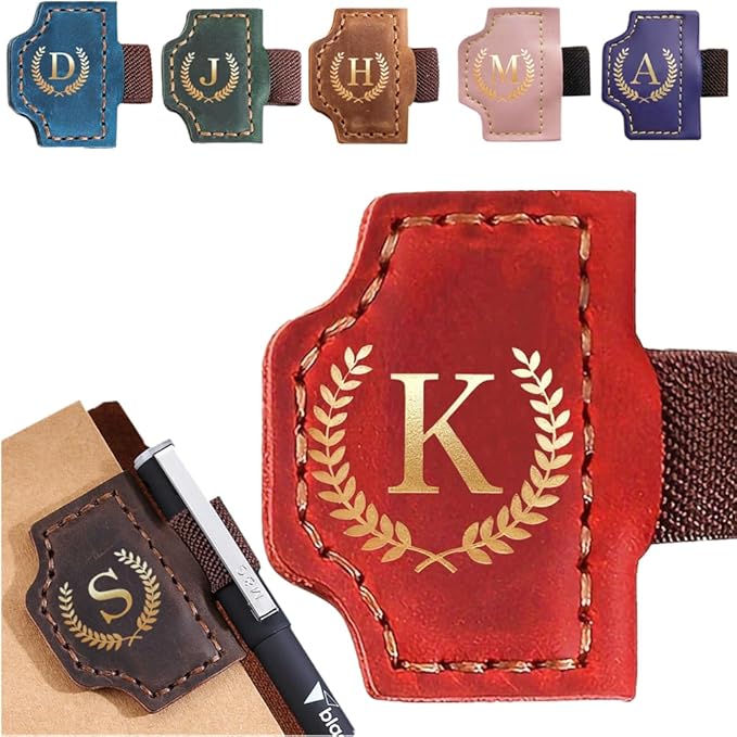 Personalized Mark Bookmark with Pen Holder, Leather Magnetic Book Marker 26 Letters,Custom Initials Page Marks, Gifts for Book Lovers Readers Men Women (Red, K)