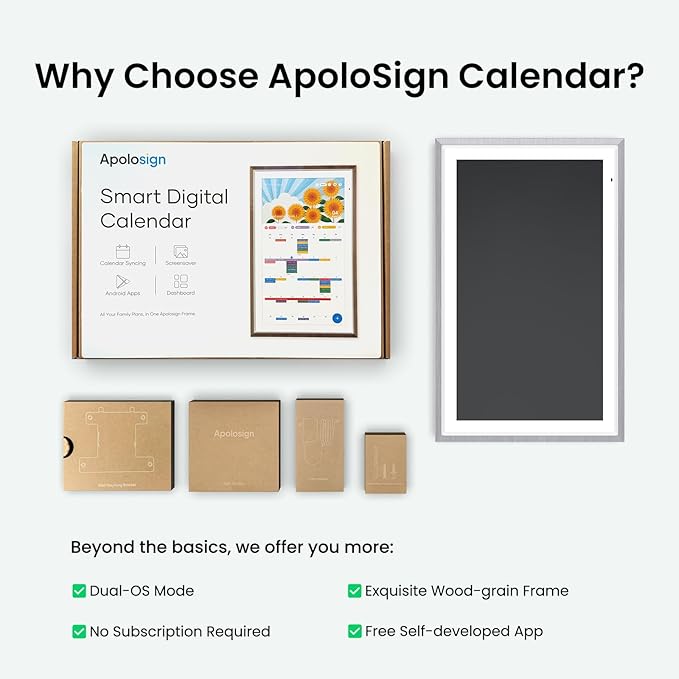 ApoloSign 21.5" Digital Calendar: Dual Mode Calendars with Google Play & Multi-calendar Sync, Electronic Planner & Chore Chart, Smart Touchscreen, Interactive Display for Family Schedules (Gray Wood, 21.5-inch)